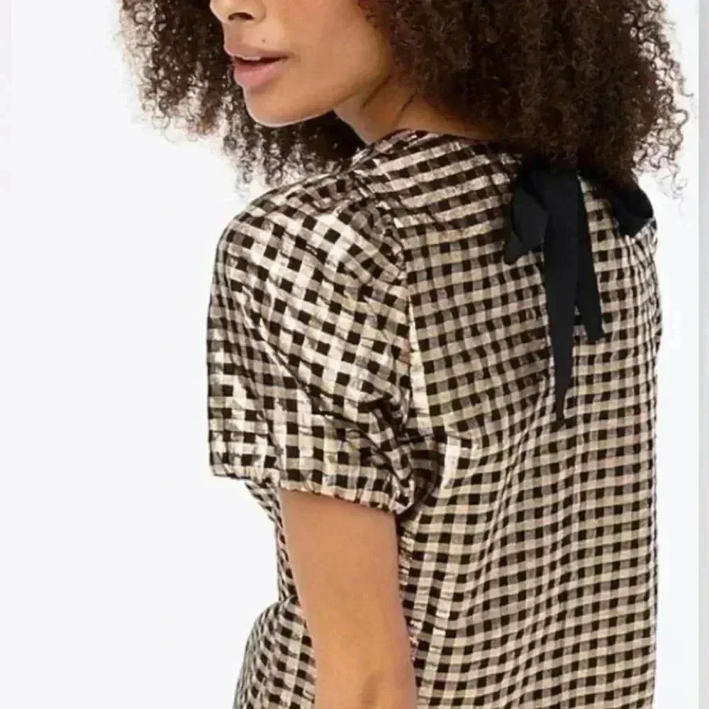 J.Crew Metallic Gold & Black Plaid Puff Sleeve Top Size Medium